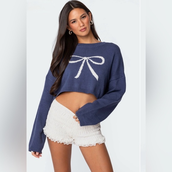 Edikted Navy and White Cropped Crew Neck Sweater with Bow Design - Picture 1 of 2